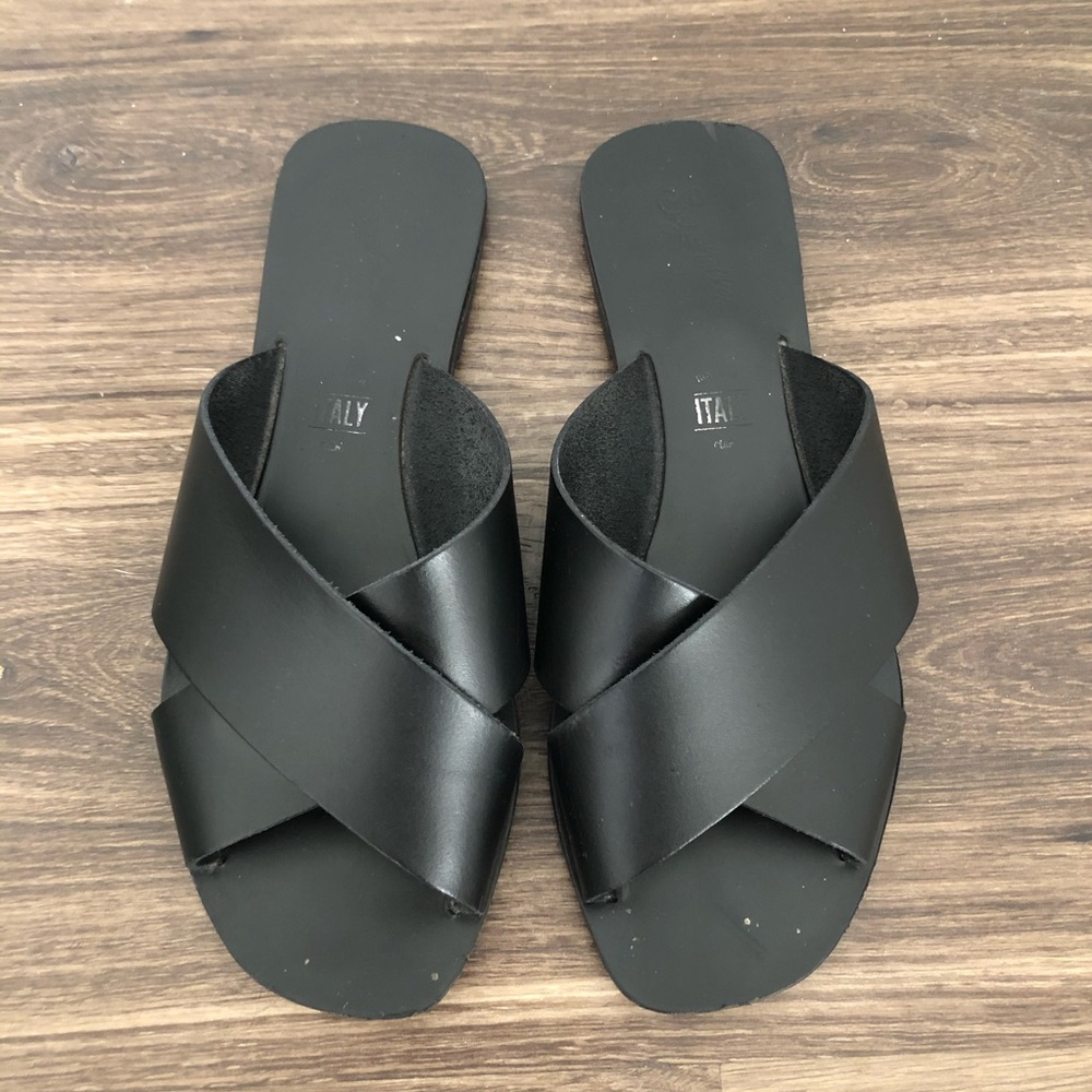 Black Leather Slide Sandals
